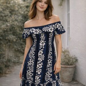 Aloha Mo’i Off the Shoulder Navy Floral Maxi Dress
